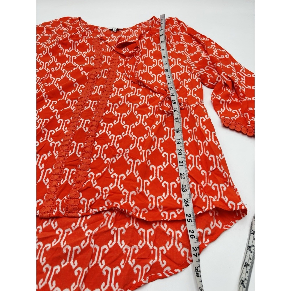 Crown & Ivy Womens XL Orange White Boho Peasant Blouse Tassel Tie 3/4 Sleeve - Picture 6 of 7